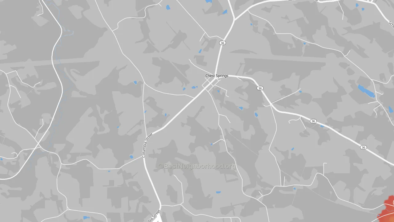 Walk Grade map of Chest Springs, PA, walkable areas in green and car-dependent areas in red