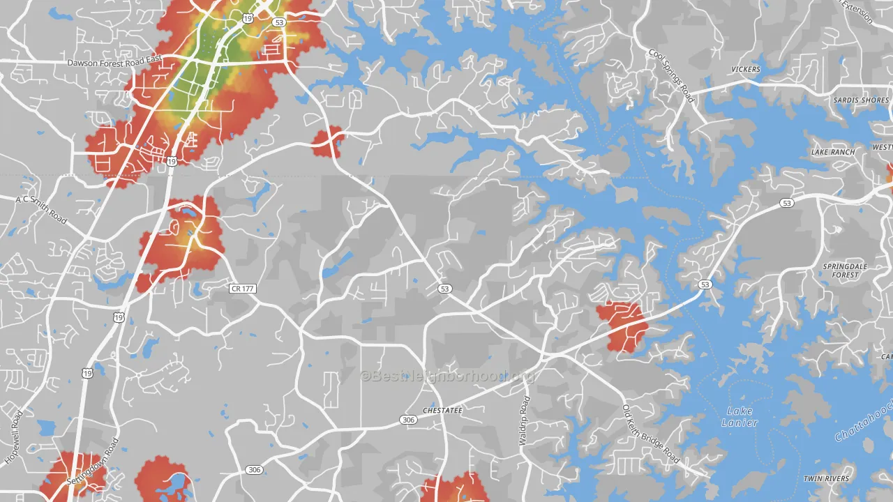 Walk Grade map of Chestatee, GA, walkable areas in green and car-dependent areas in red
