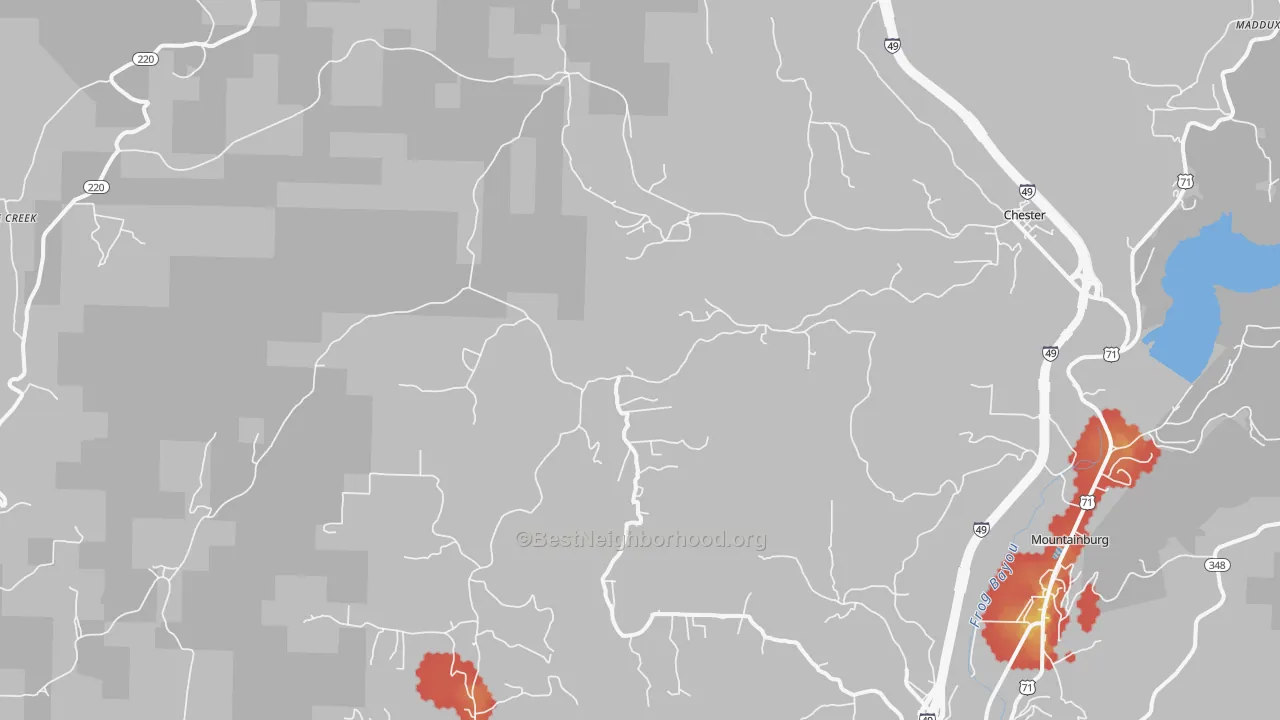 Walk Grade map of Chester, AR, walkable areas in green and car-dependent areas in red