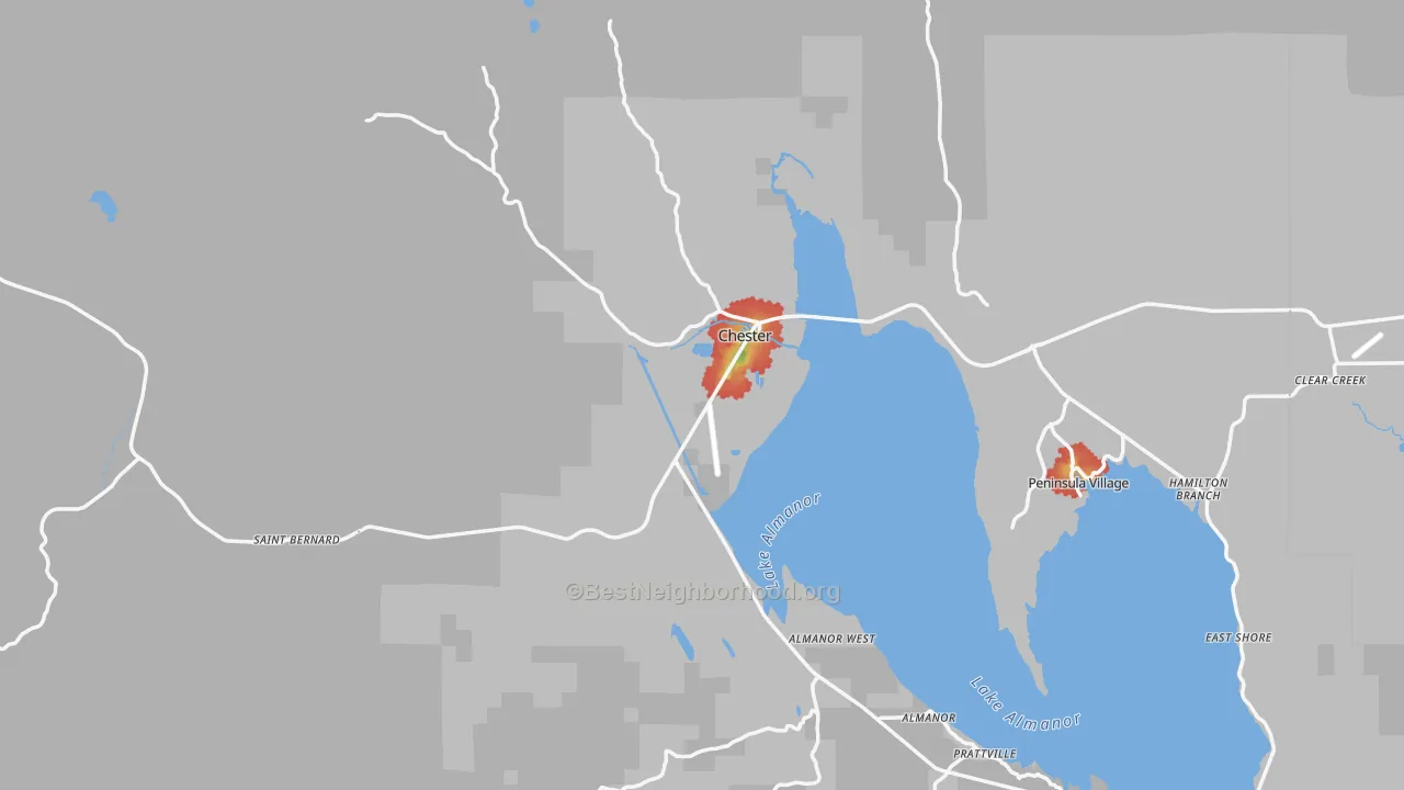 Walk Grade map of Chester, CA, walkable areas in green and car-dependent areas in red