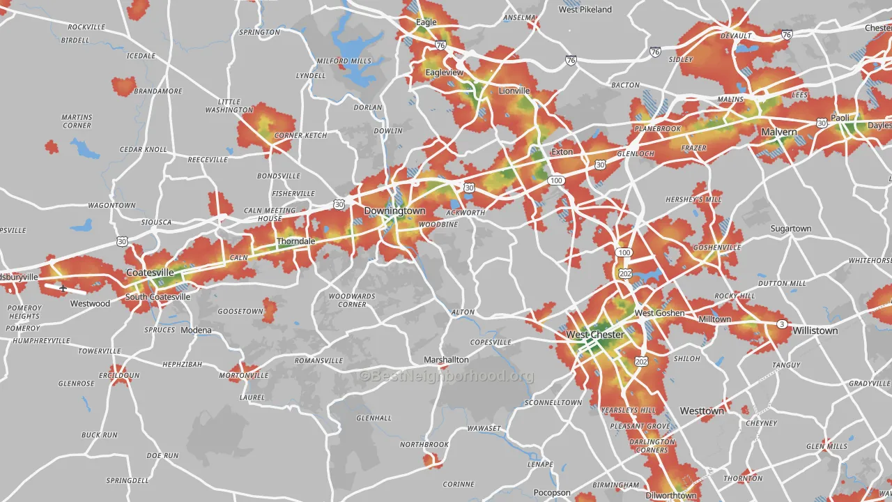 Walk Grade map of Chester County, PA, walkable areas in green and car-dependent areas in red