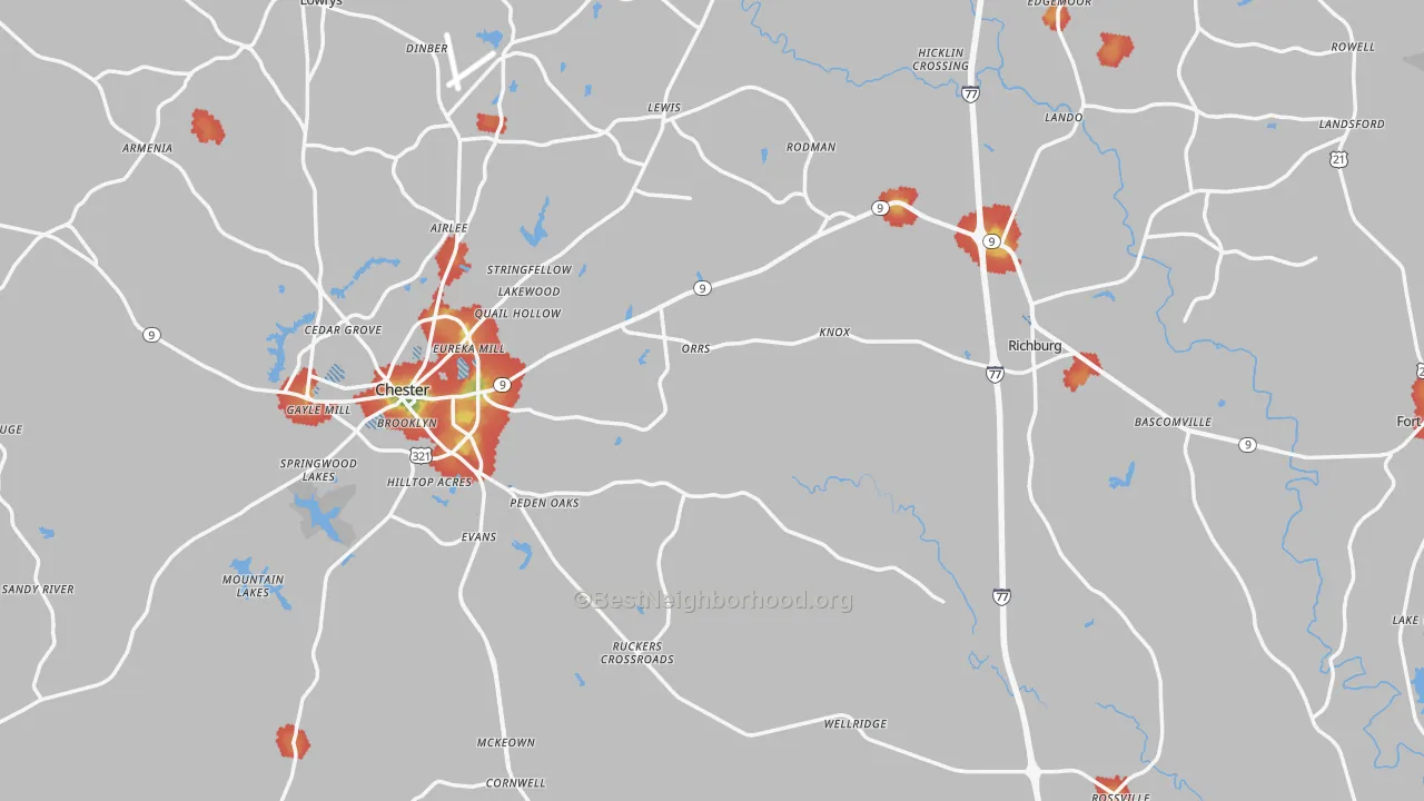 Walk Grade map of Chester County, SC, walkable areas in green and car-dependent areas in red