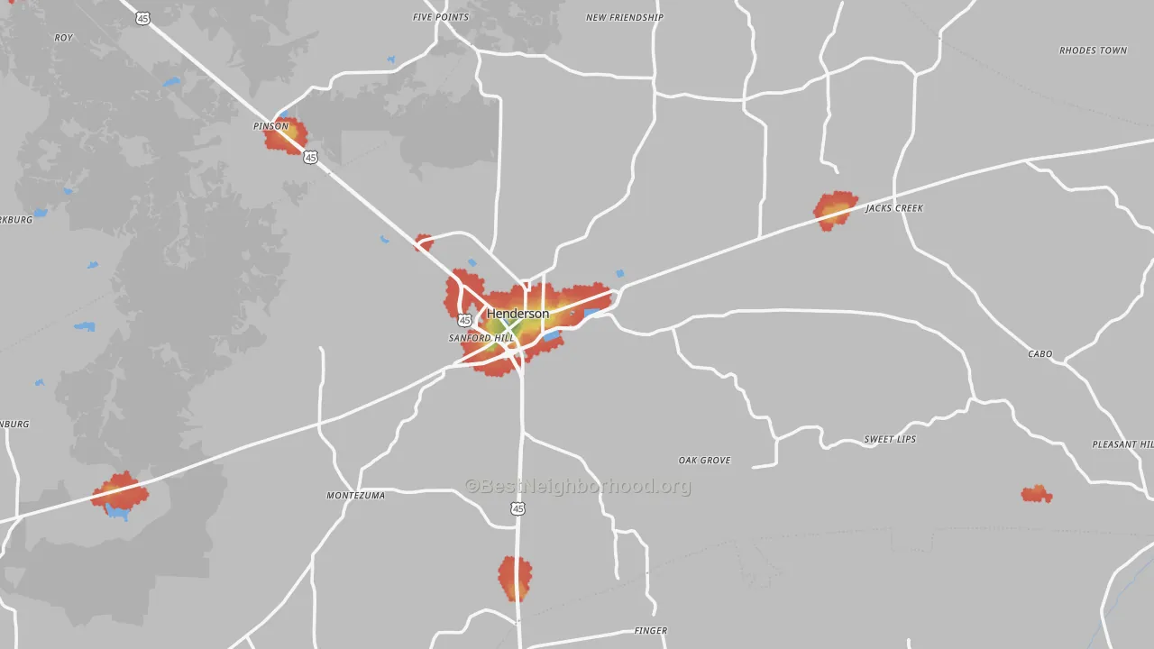 Walk Grade map of Chester County, TN, walkable areas in green and car-dependent areas in red