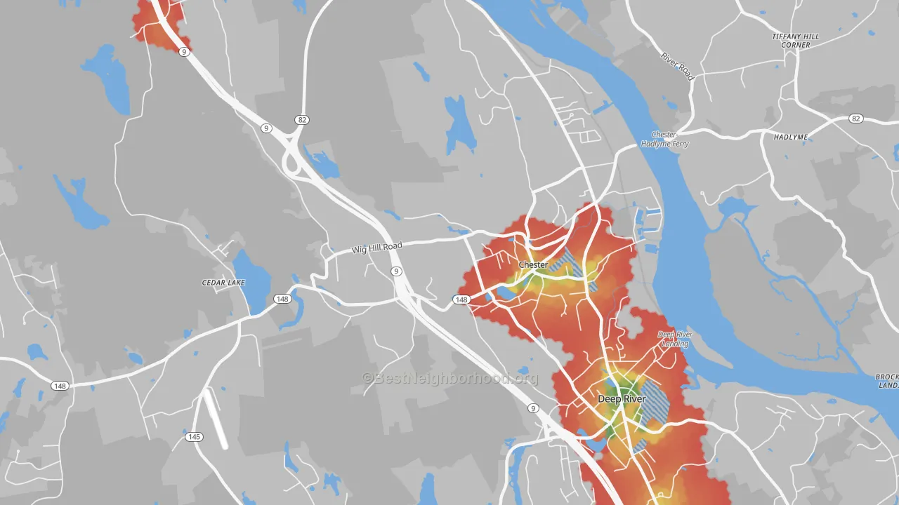 Walk Grade map of Chester, CT, walkable areas in green and car-dependent areas in red