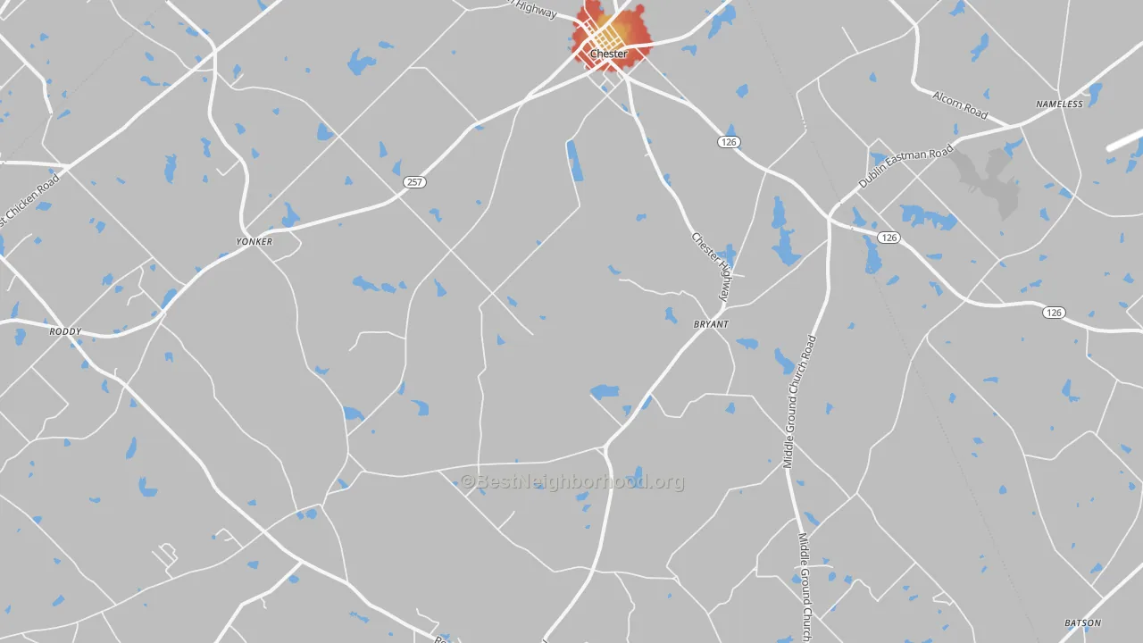 Walk Grade map of Chester, GA, walkable areas in green and car-dependent areas in red