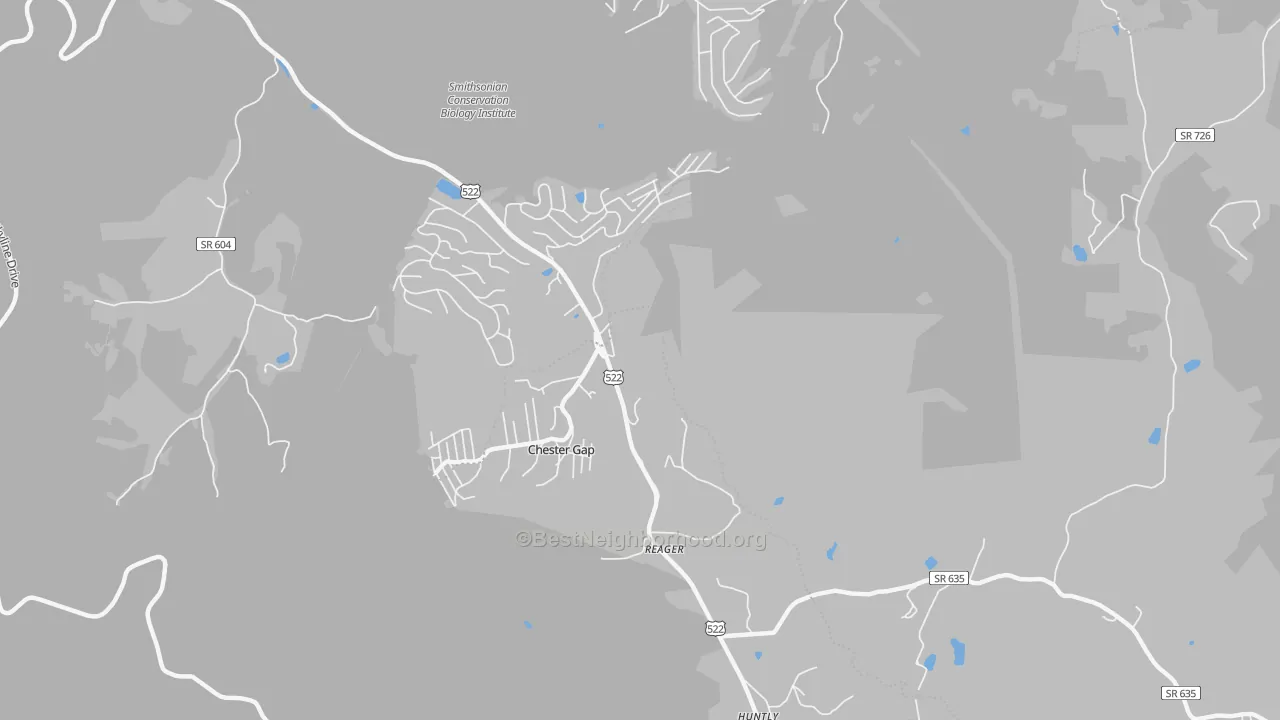 Walk Grade map of Chester Gap, VA, walkable areas in green and car-dependent areas in red