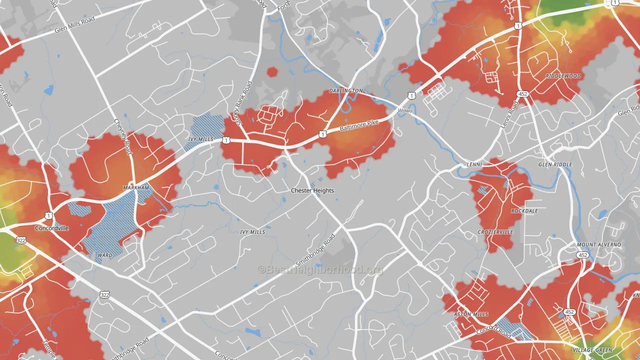 Walk Grade map of Chester Heights, PA, walkable areas in green and car-dependent areas in red