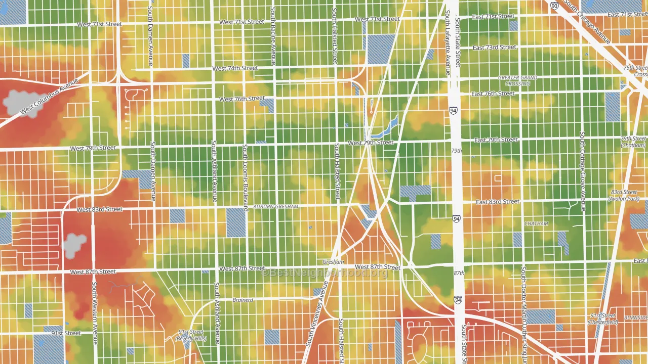 Walk Grade map of Chester Highlands, Chicago, IL, walkable areas in green and car-dependent areas in red