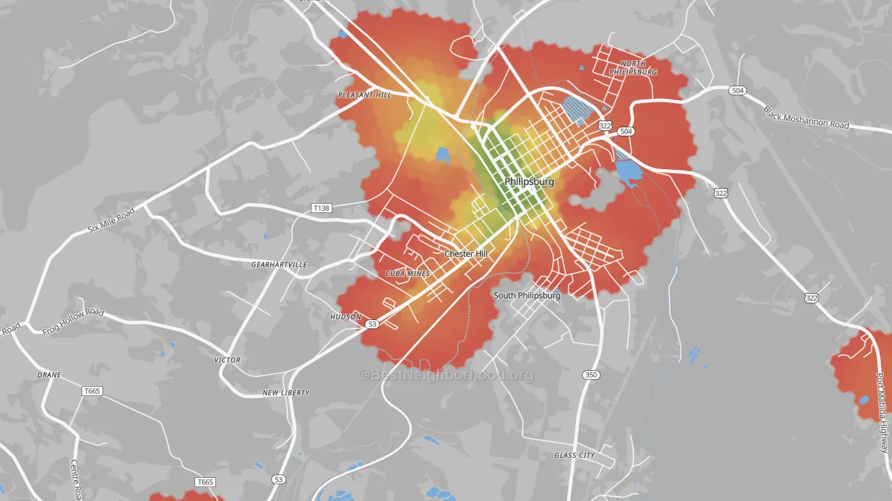 Walk Grade map of Chester Hill, PA, walkable areas in green and car-dependent areas in red