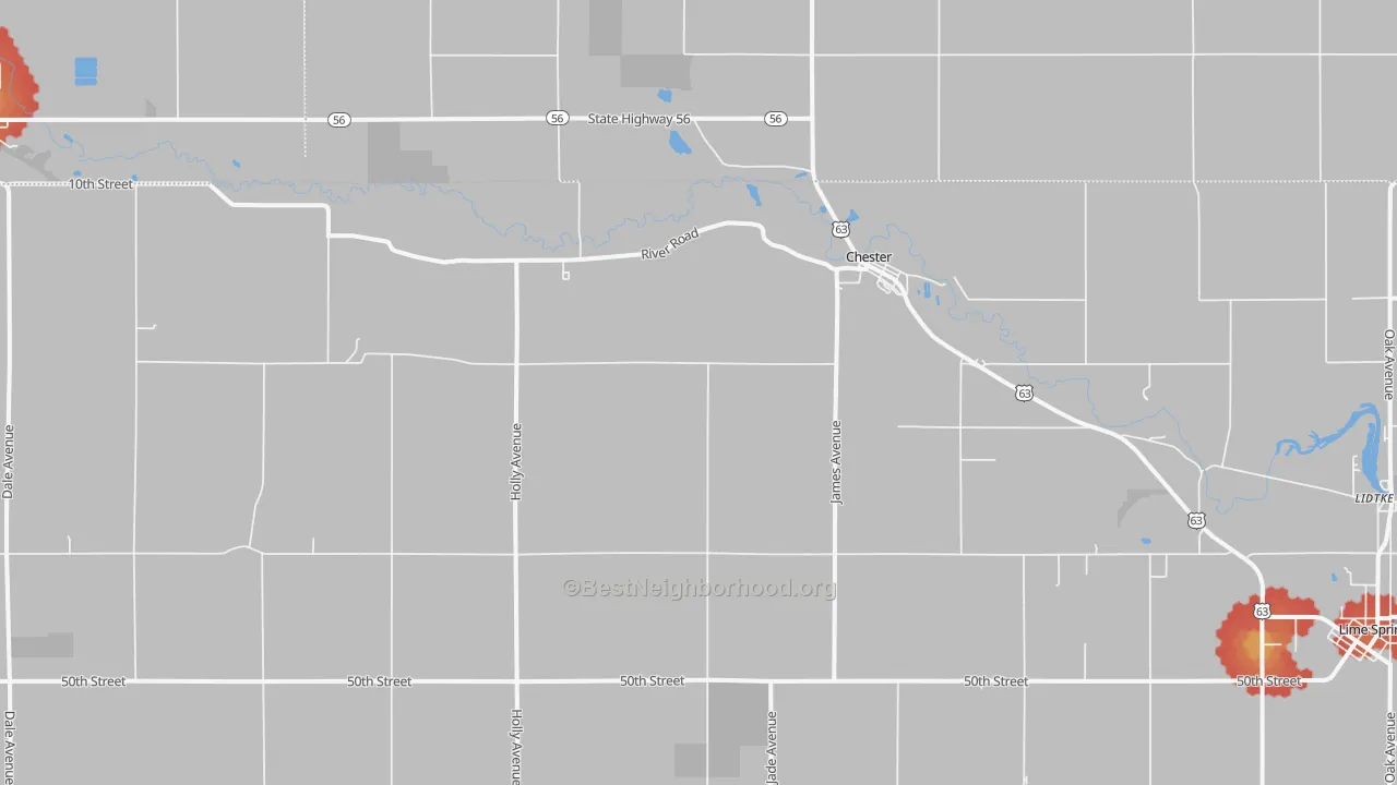 Walk Grade map of Chester, IA, walkable areas in green and car-dependent areas in red