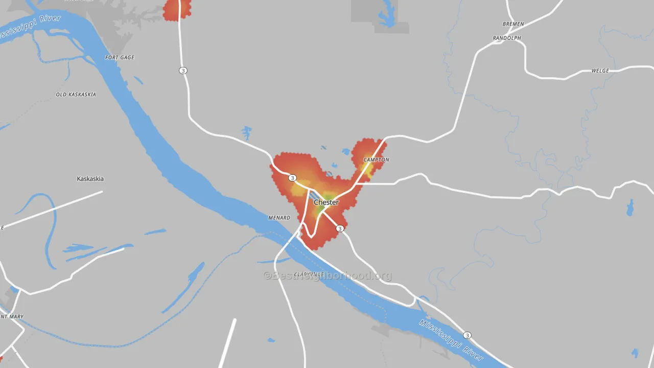 Walk Grade map of Chester, IL, walkable areas in green and car-dependent areas in red