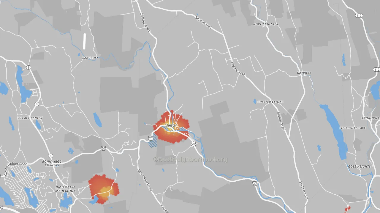 Walk Grade map of Chester, MA, walkable areas in green and car-dependent areas in red