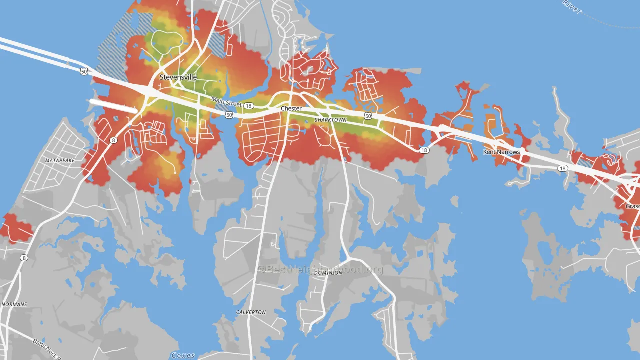 Walk Grade map of Chester, MD, walkable areas in green and car-dependent areas in red