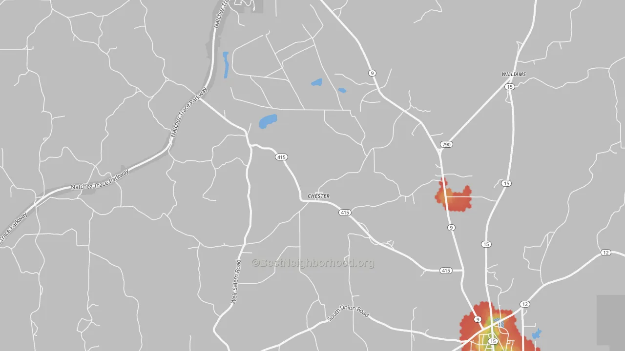 Walk Grade map of Chester, MS, walkable areas in green and car-dependent areas in red