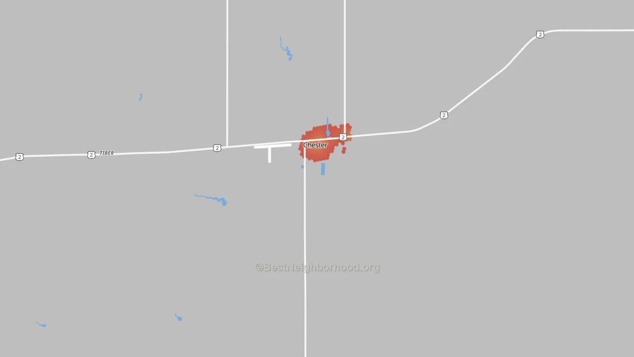 Walk Grade map of Chester, MT, walkable areas in green and car-dependent areas in red