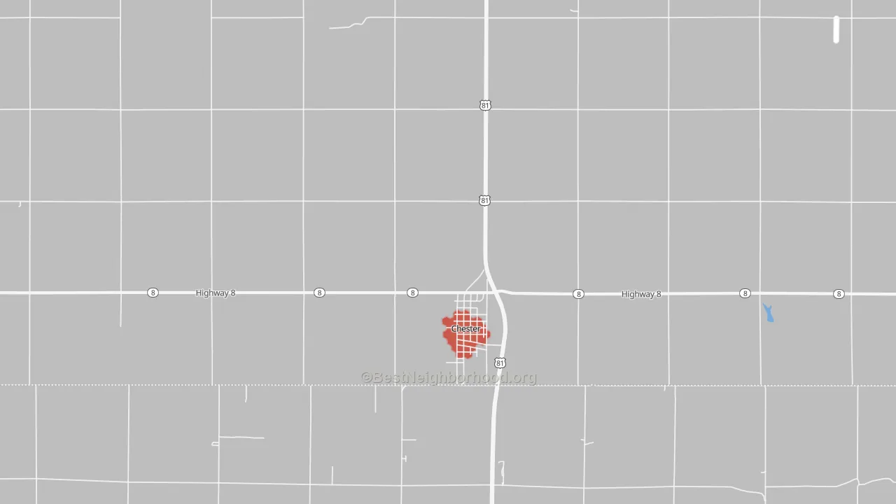 Walk Grade map of Chester, NE, walkable areas in green and car-dependent areas in red