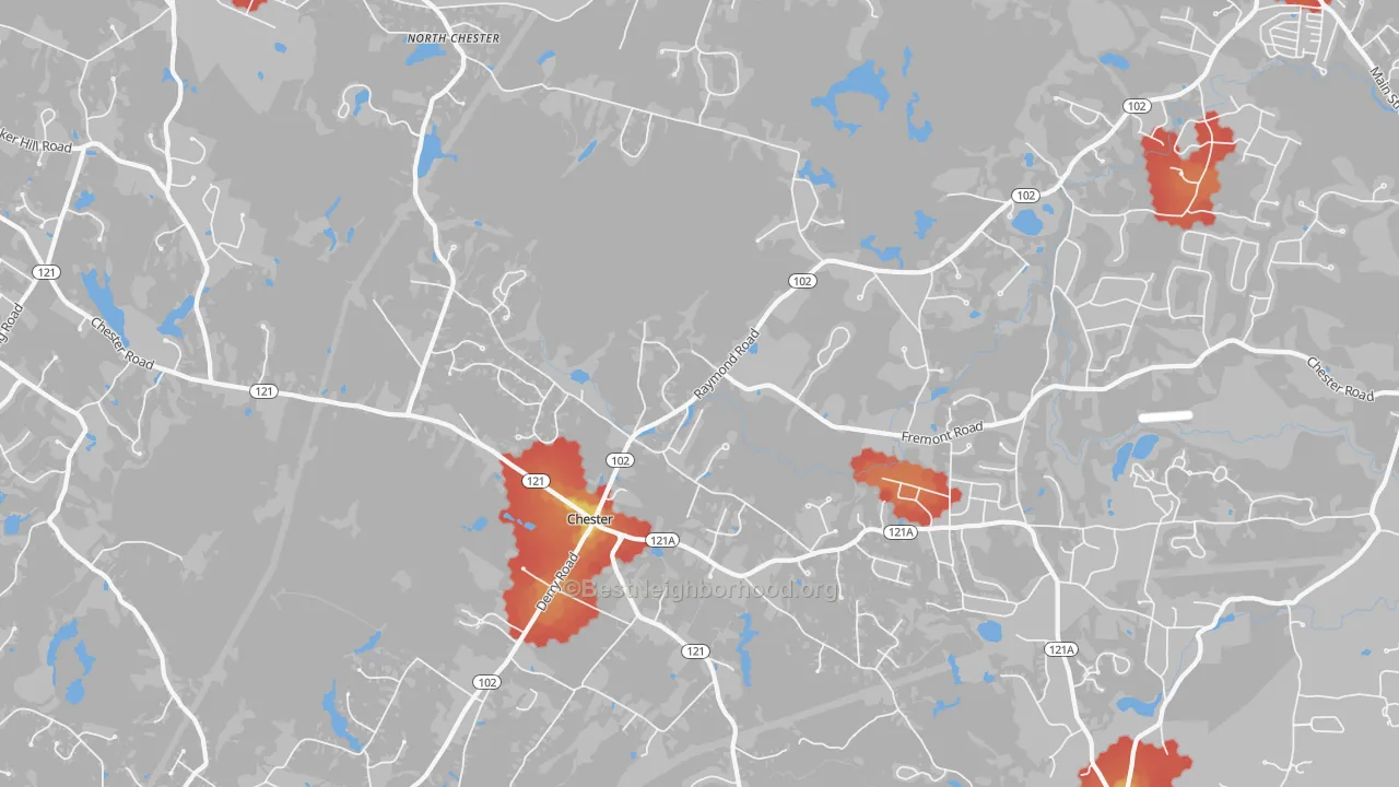 Walk Grade map of Chester, NH, walkable areas in green and car-dependent areas in red