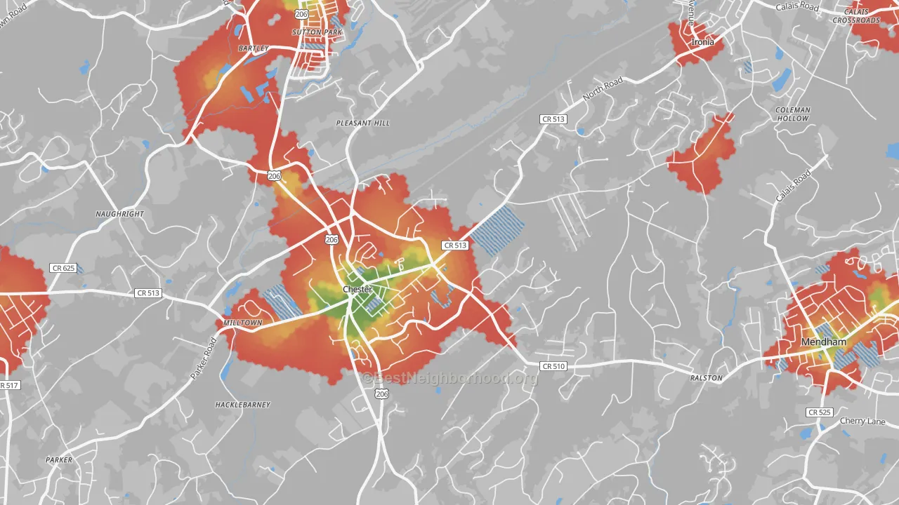 Walk Grade map of Chester, NJ, walkable areas in green and car-dependent areas in red