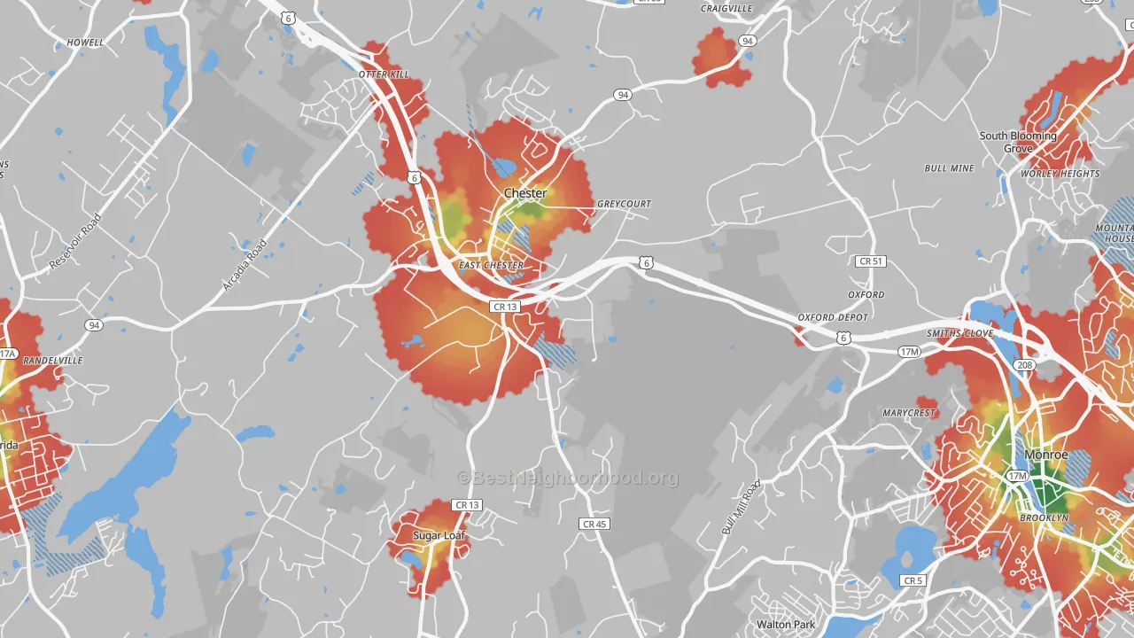 Walk Grade map of Chester, NY, walkable areas in green and car-dependent areas in red