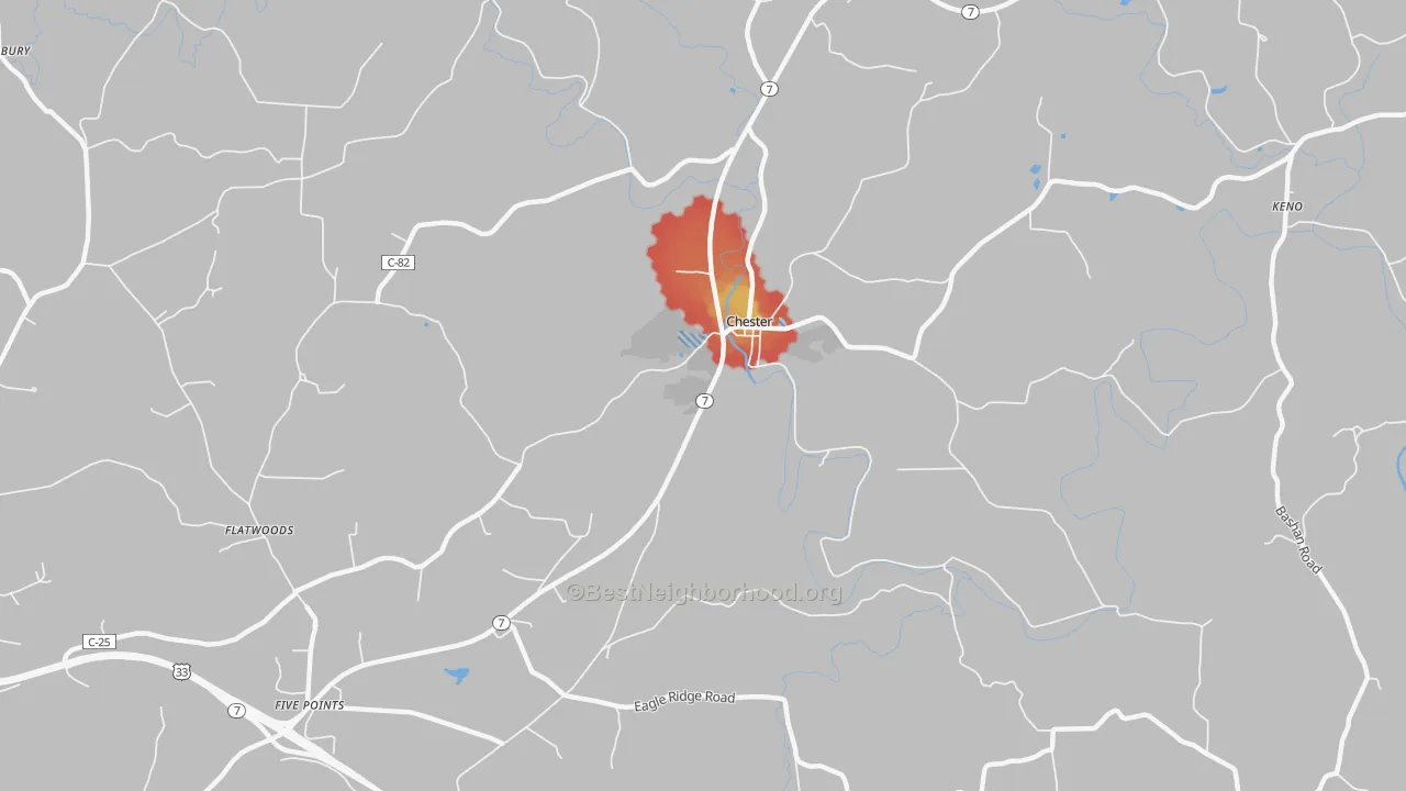 Walk Grade map of Chester, OH, walkable areas in green and car-dependent areas in red