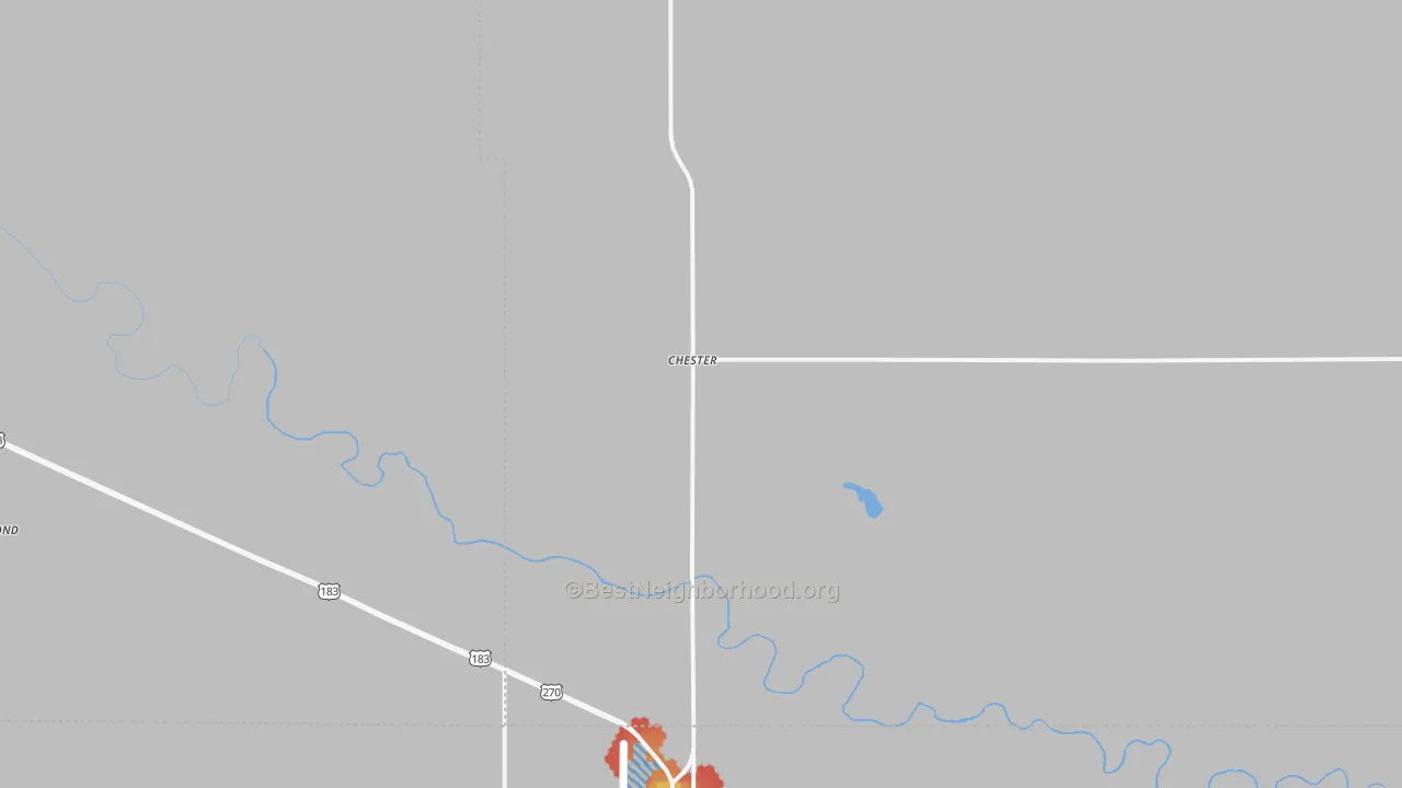 Walk Grade map of Chester, OK, walkable areas in green and car-dependent areas in red