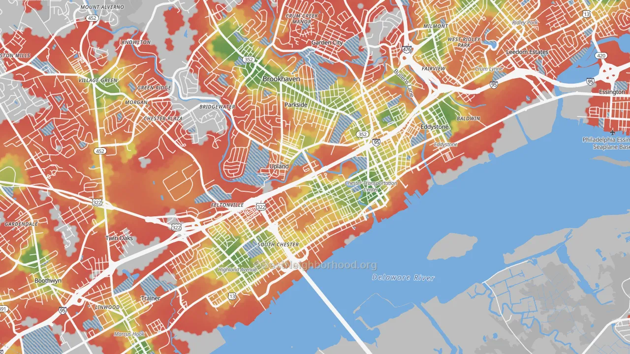 Walk Grade map of Chester, PA, walkable areas in green and car-dependent areas in red
