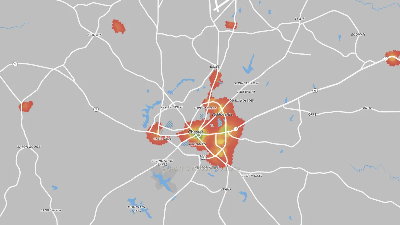 Walk Grade map of Chester, SC, walkable areas in green and car-dependent areas in red