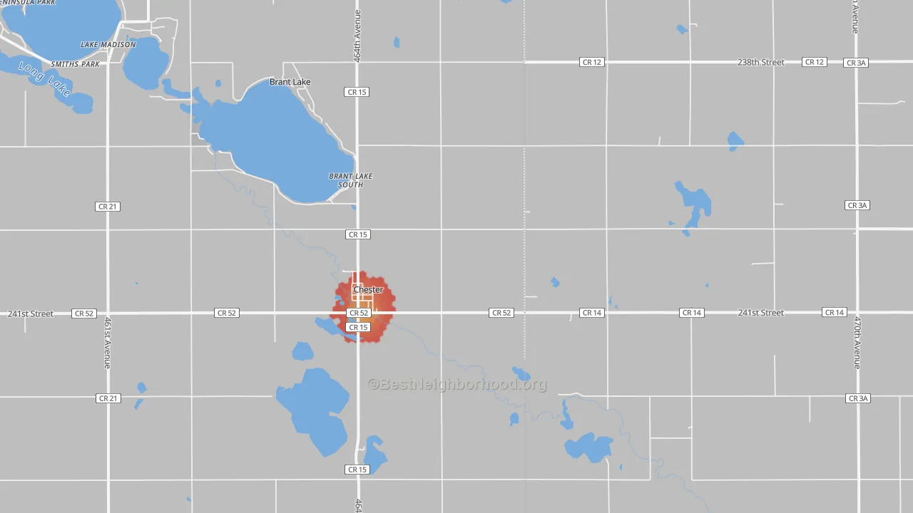 Walk Grade map of Chester, SD, walkable areas in green and car-dependent areas in red