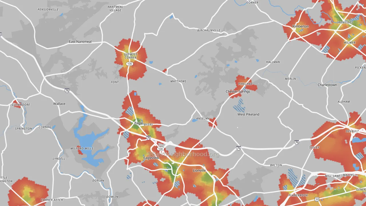 Walk Grade map of Chester Springs, PA, walkable areas in green and car-dependent areas in red