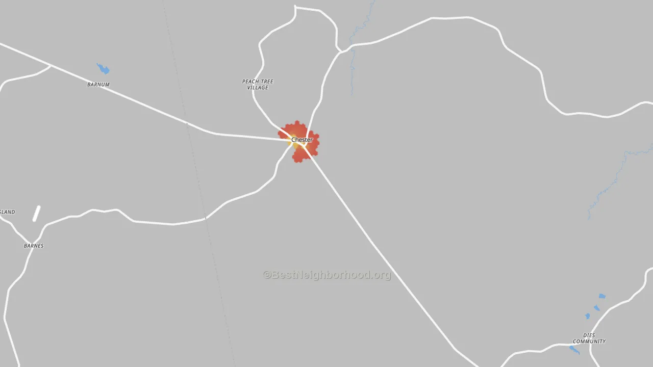 Walk Grade map of Chester, TX, walkable areas in green and car-dependent areas in red