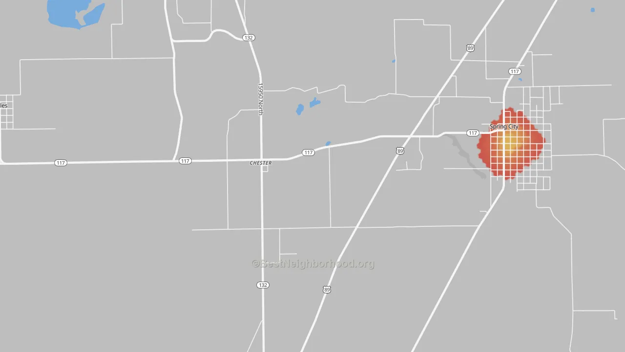 Walk Grade map of Chester, UT, walkable areas in green and car-dependent areas in red