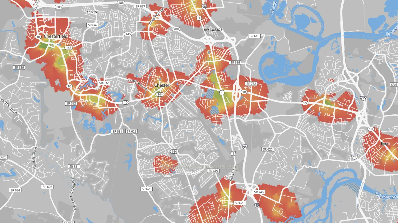 Walk Grade map of Chester, VA, walkable areas in green and car-dependent areas in red