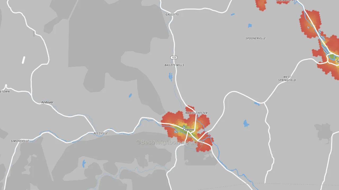 Walk Grade map of Chester, VT, walkable areas in green and car-dependent areas in red
