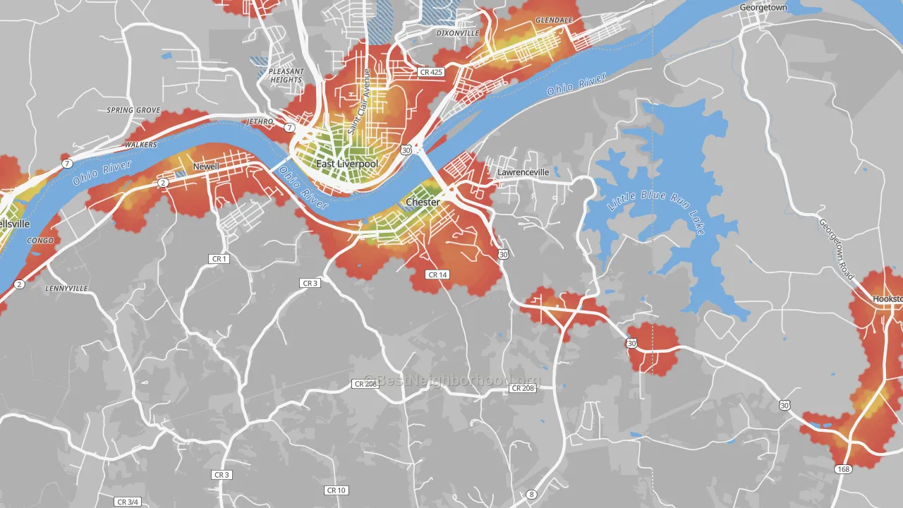 Walk Grade map of Chester, WV, walkable areas in green and car-dependent areas in red