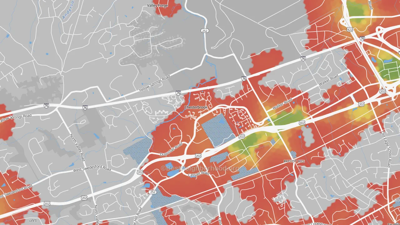 Walk Grade map of Chesterbrook, PA, walkable areas in green and car-dependent areas in red