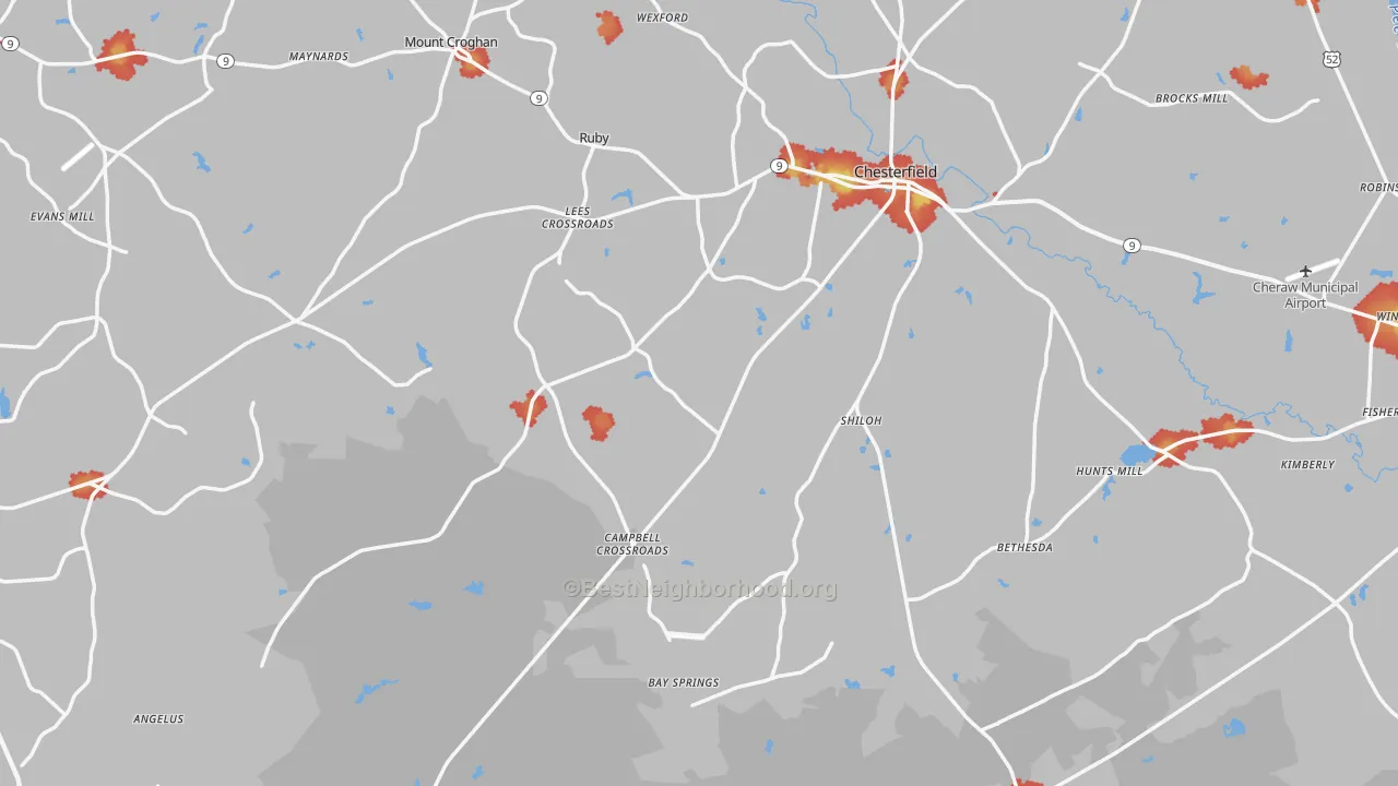 Walk Grade map of Chesterfield County, SC, walkable areas in green and car-dependent areas in red