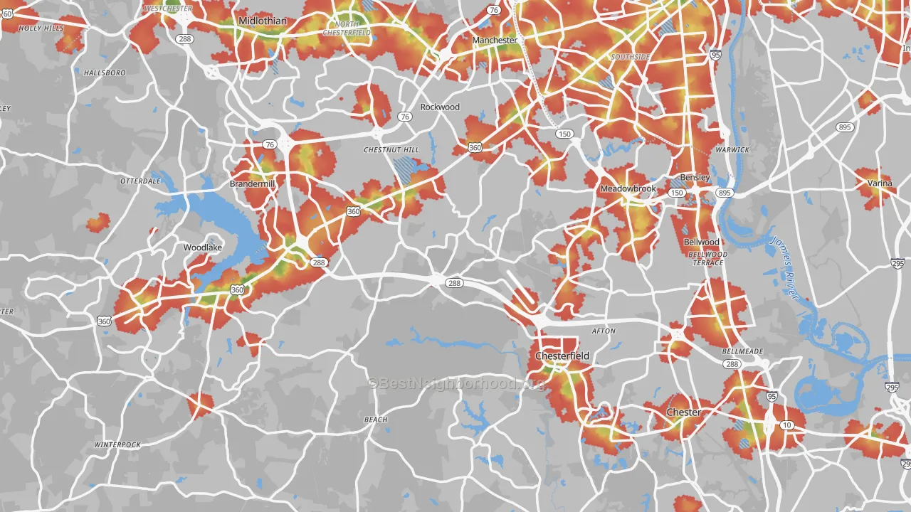 Walk Grade map of Chesterfield County, VA, walkable areas in green and car-dependent areas in red
