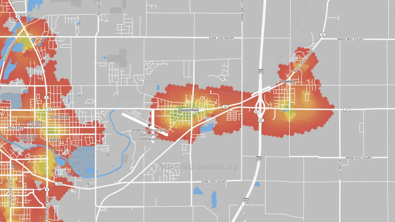 Walk Grade map of Chesterfield, IN, walkable areas in green and car-dependent areas in red