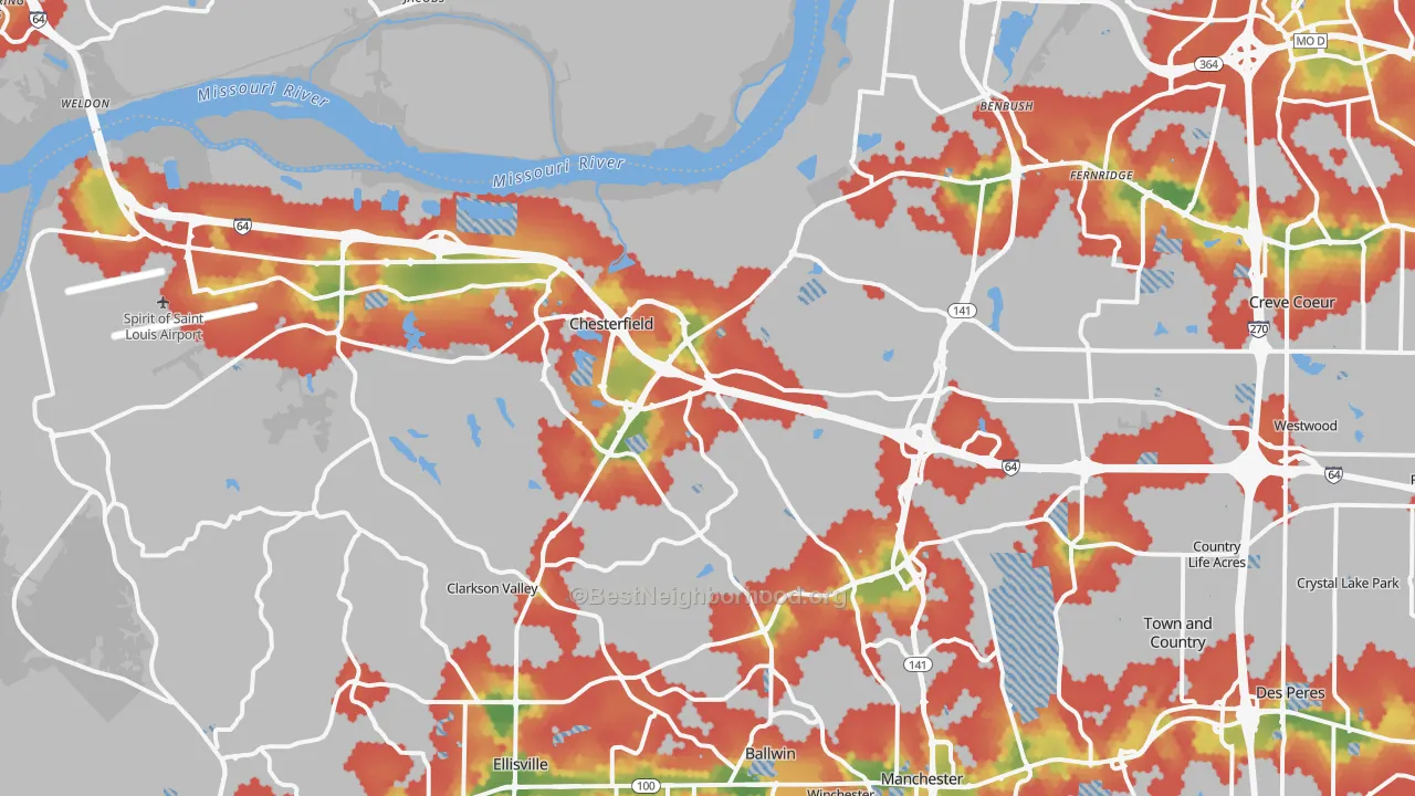 Walk Grade map of Chesterfield, MO, walkable areas in green and car-dependent areas in red