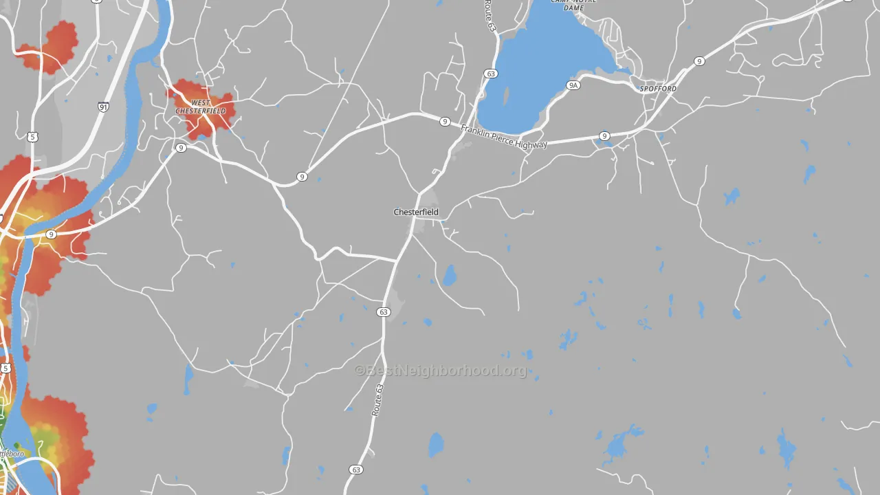 Walk Grade map of Chesterfield, NH, walkable areas in green and car-dependent areas in red