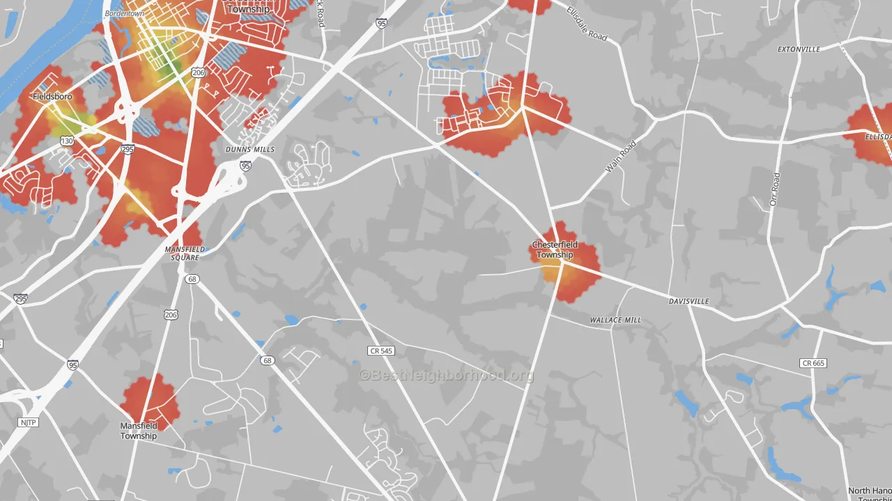 Walk Grade map of Chesterfield, NJ, walkable areas in green and car-dependent areas in red