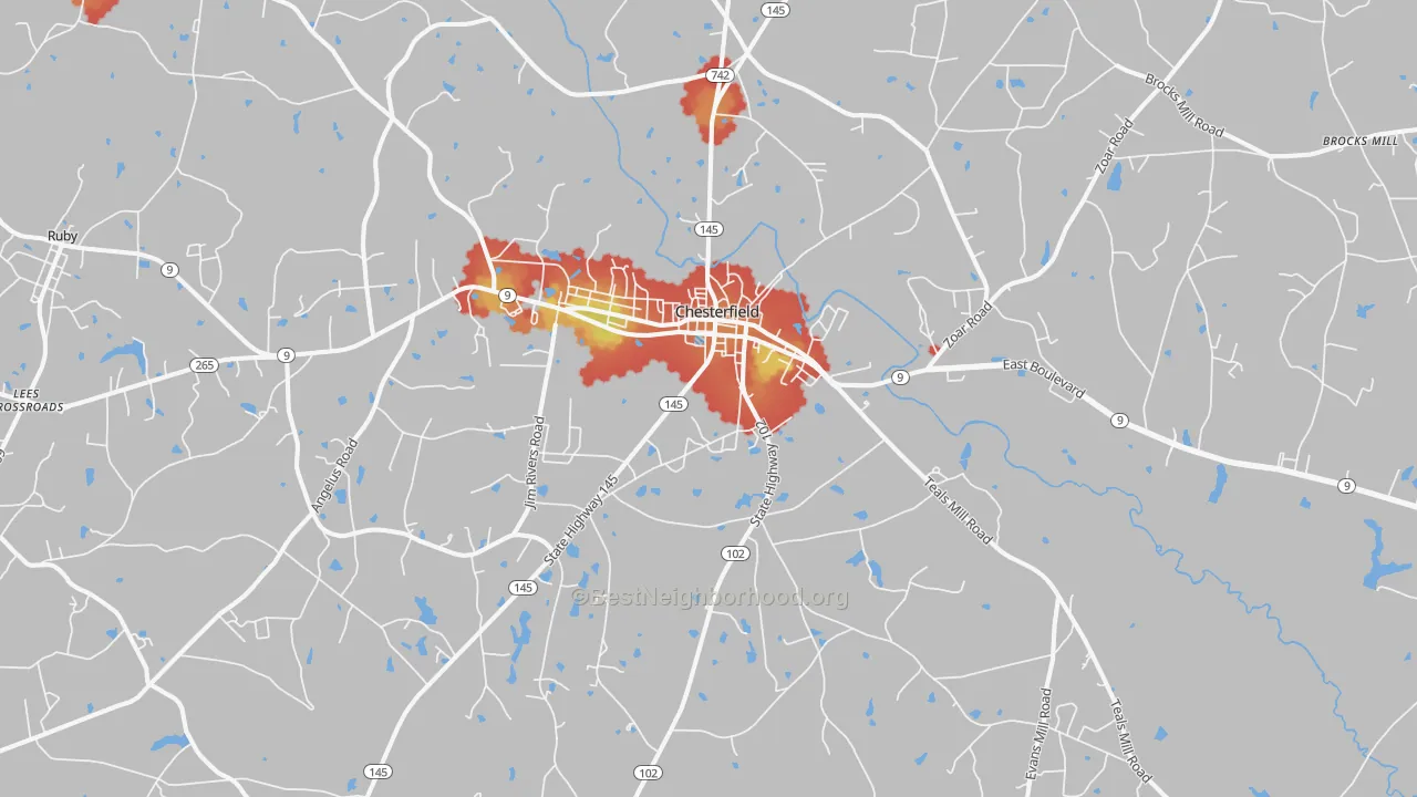 Walk Grade map of Chesterfield, SC, walkable areas in green and car-dependent areas in red