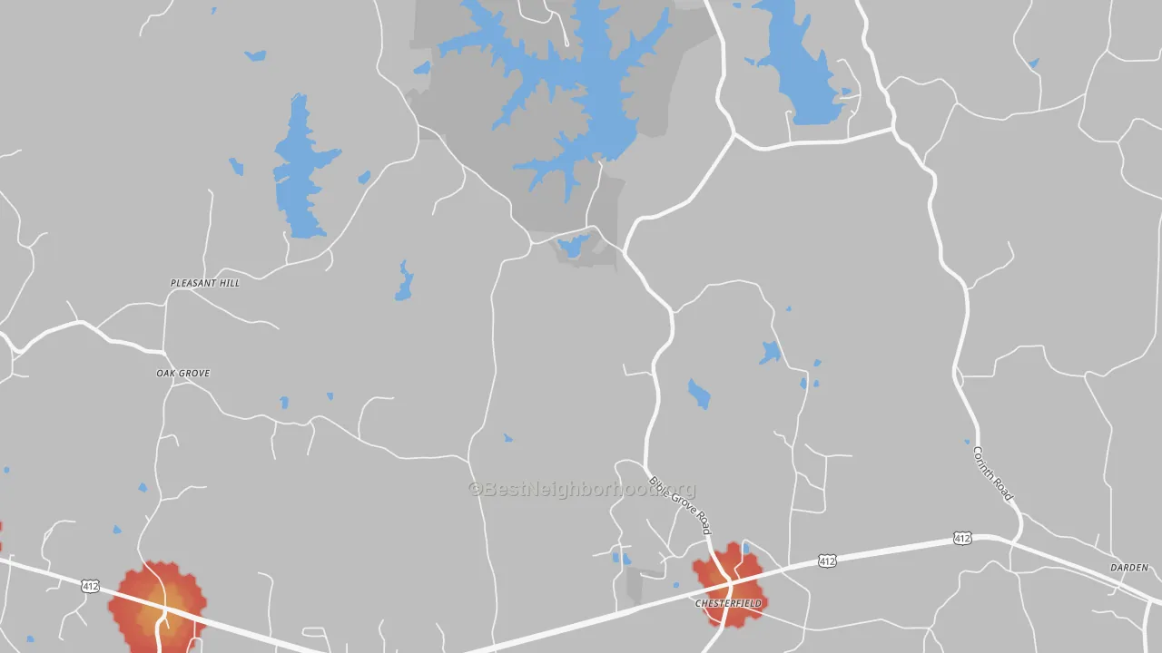 Walk Grade map of Chesterfield, TN, walkable areas in green and car-dependent areas in red