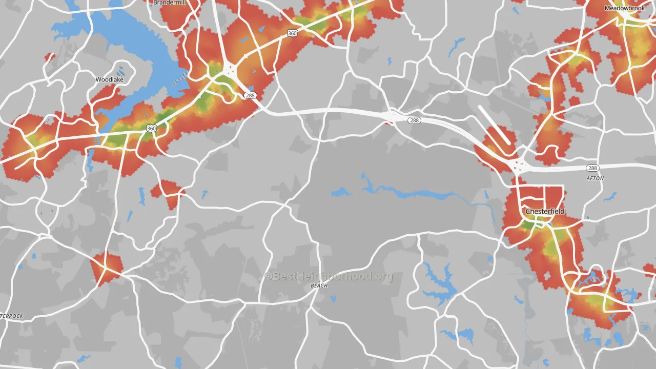 Walk Grade map of Chesterfield, VA, walkable areas in green and car-dependent areas in red