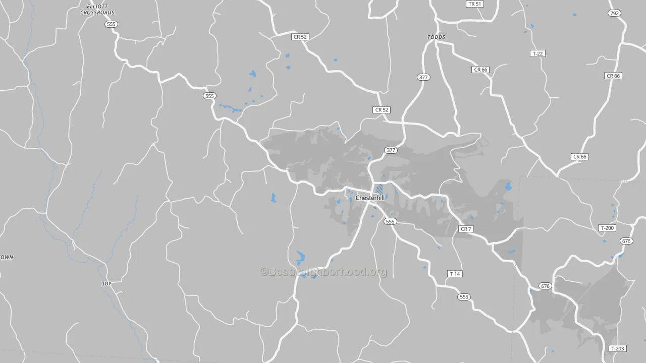 Walk Grade map of Chesterhill, OH, walkable areas in green and car-dependent areas in red