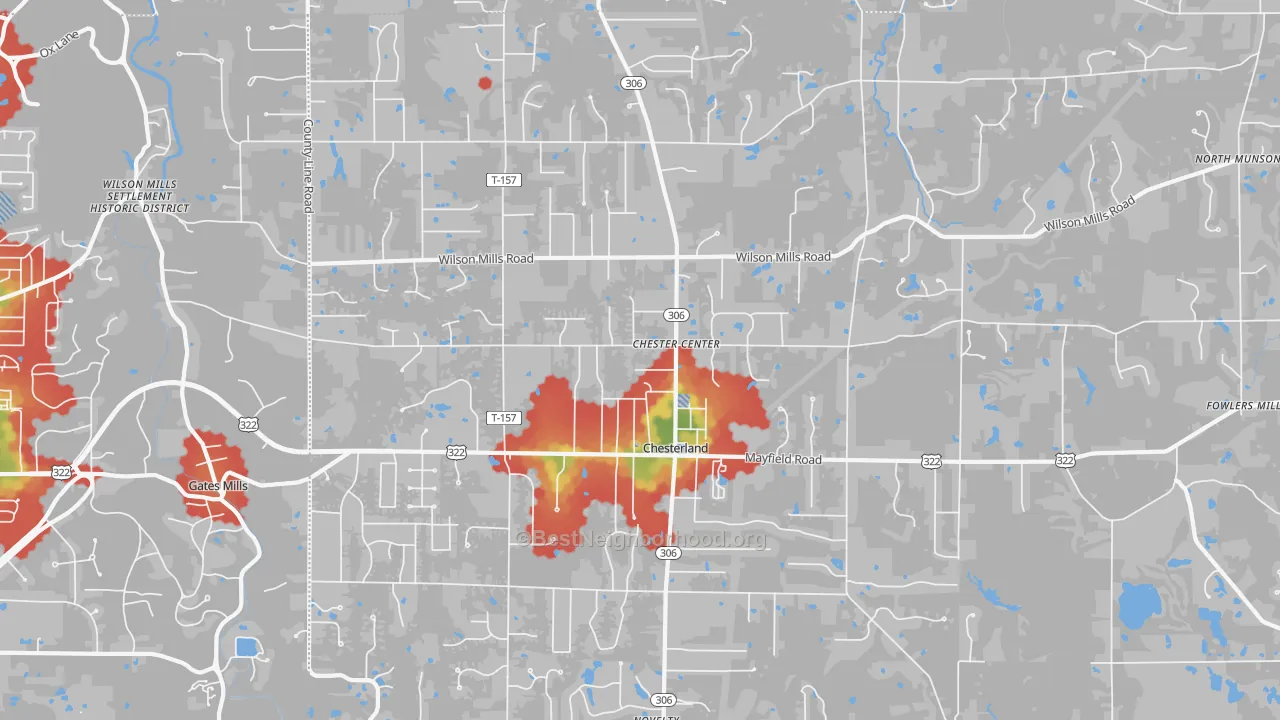 Walk Grade map of Chesterland, OH, walkable areas in green and car-dependent areas in red