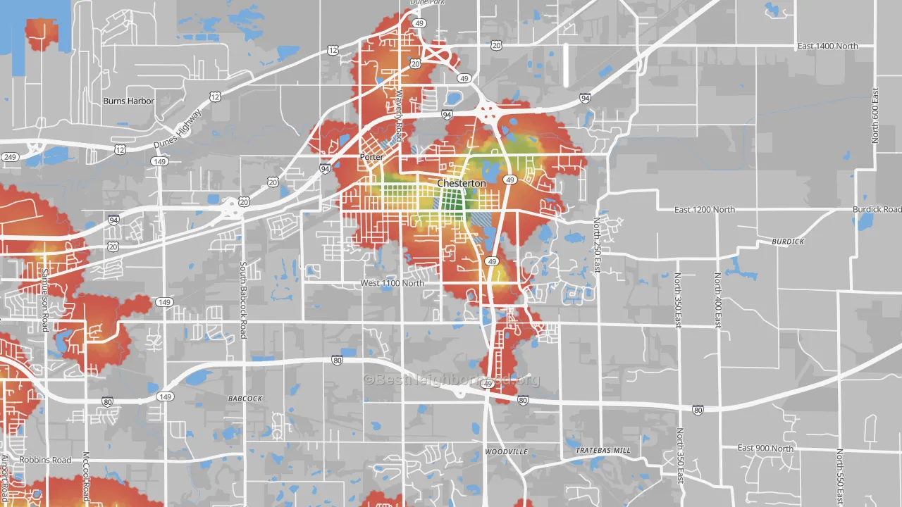 Walk Grade map of Chesterton, IN, walkable areas in green and car-dependent areas in red