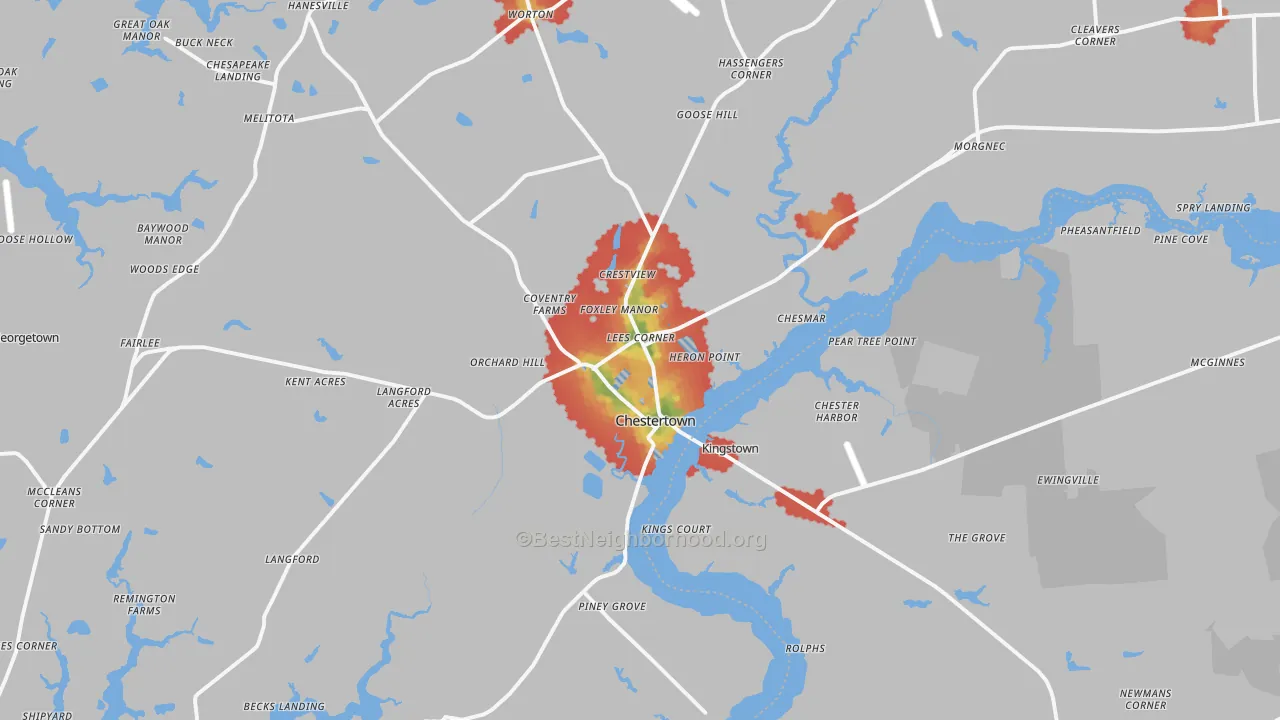 Walk Grade map of Chestertown, MD, walkable areas in green and car-dependent areas in red
