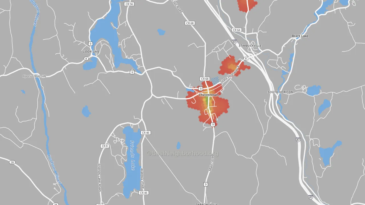 Walk Grade map of Chestertown, NY, walkable areas in green and car-dependent areas in red