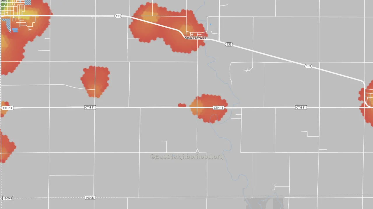 Walk Grade map of Chesterville, IL, walkable areas in green and car-dependent areas in red
